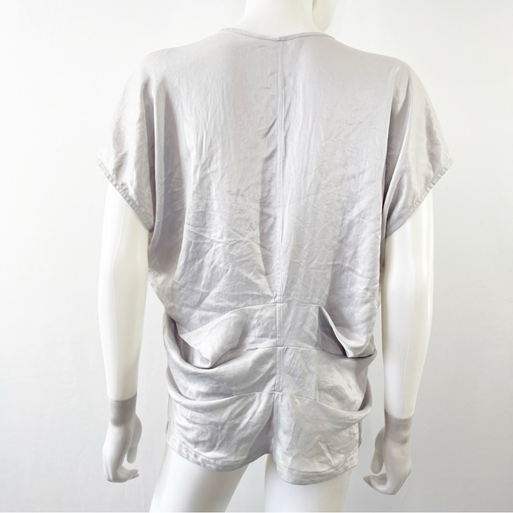 Helmut Lang Top Light Gray V-Neck Satin Short Sleeve Blouse Size S Draped Back - Picture 5 of 9